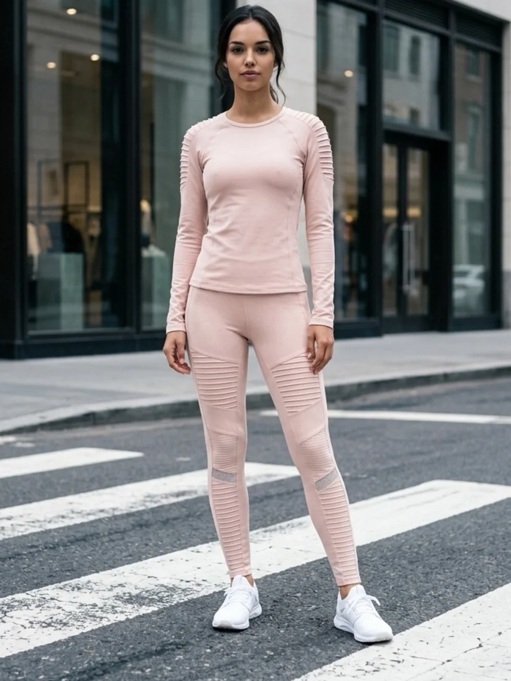 ALO Yoga Pale Blush Ribbed Panel High-Waist Leggings